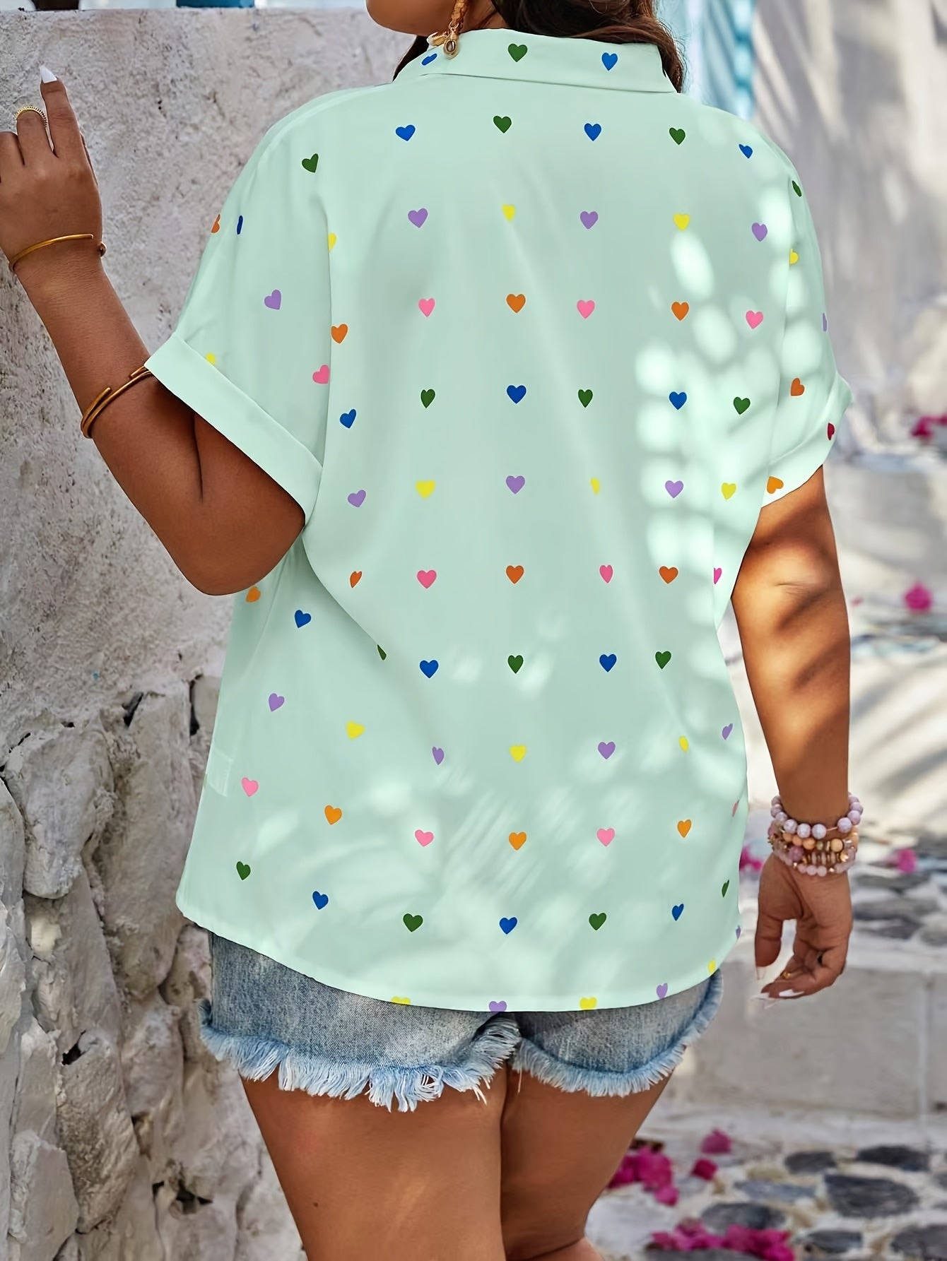 Charming Plus Size Heart Print Blouse - Casual Short Sleeve with Button Detail - Perfect for Spring - Designed for Curvy Womens Fashion