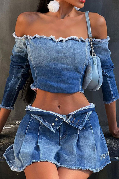 storexq Gradient Girly Off Shoulder Denim Blouse