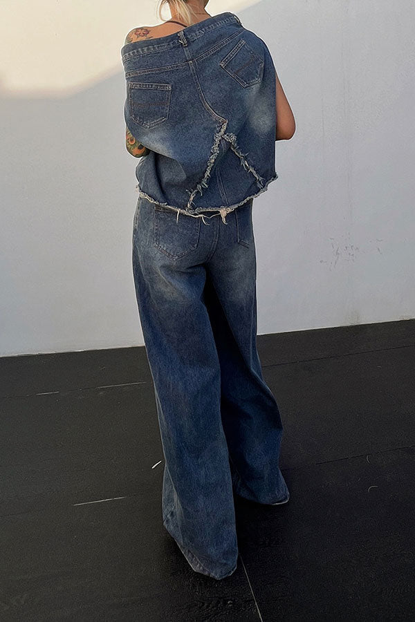 storexq Blue Unusual Belted Wide Leg Denim Pant Suit