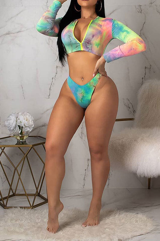 storexq Tie Dye Sporty Zipper Long Sleeve Bikini