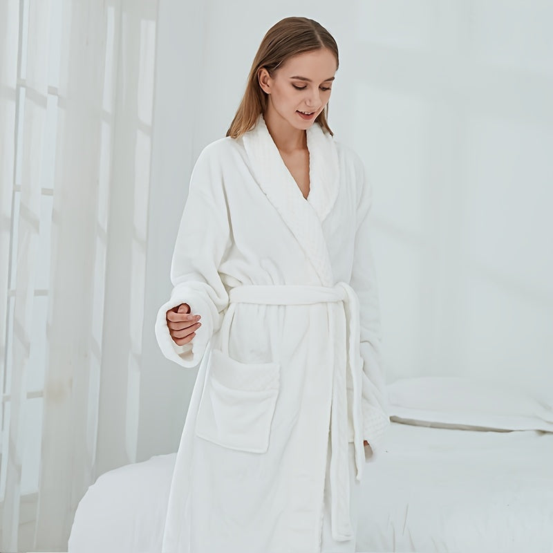 1pc Autumn And Winter Bathrobe, Soft And Skin-friendly Long Sleeve Bathrobe, Thickened Nightgown With Pocket, Warm Long Robe For Home, Bathroom Supplies