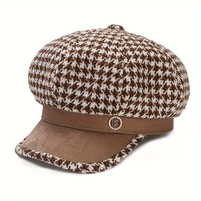 Chic Houndstooth Beret For Women - Warm & Breathable, Non-Stretch Polyester, Knit Craftsmanship, Adjustable Drawstring Closure, Perfect For Fall/Winter Fashion