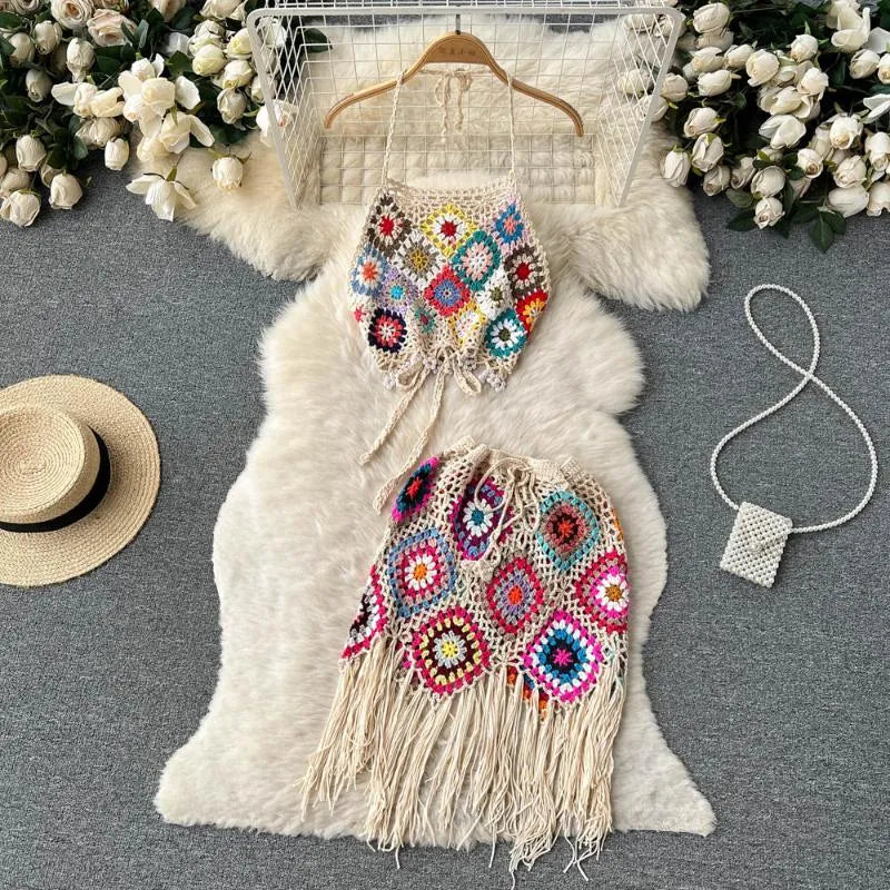 Work Dresses SINGREINY Beach Style Women Matching Set Summer Knitted Halter Backless Camisole Drawstring Tassel Skirt Vacation Two Piece