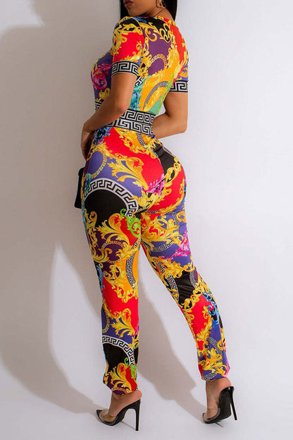 storexq Gold Retro Floral Print Patchwork Casual Pant Suit