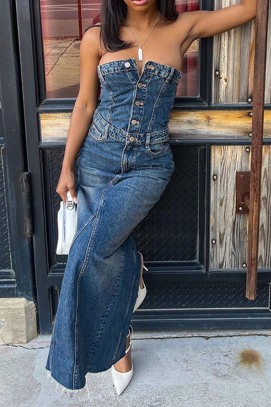 storexq Bandeau Rocking Split Back Denim Midi Dress