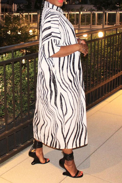 storexq Zebra Print Shirt Collar Casual Button Midi Dress