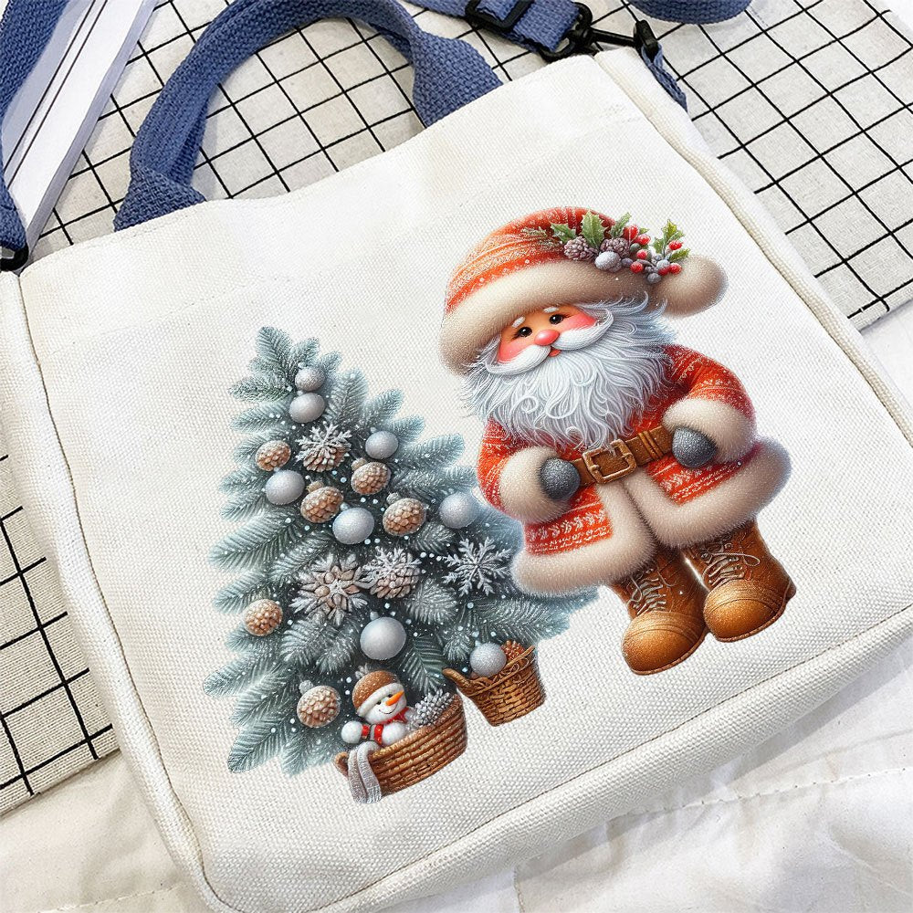 1pc Festive Canvas Christmas Handbag for Women, Santa and Tree Print, Detachable Shoulder Strap, Multi-Use Tote, Messenger, Shoulder Bag with Buckle Closure