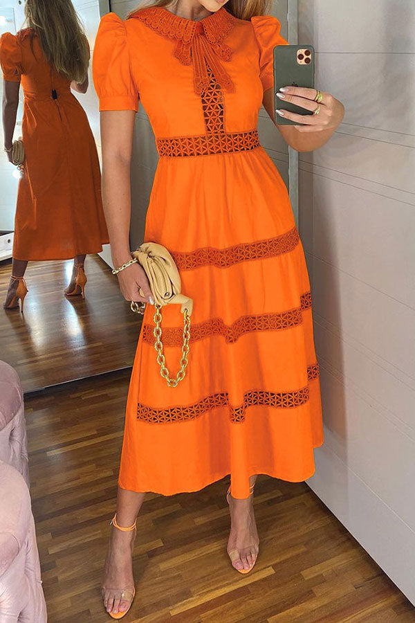 storexq Solid Color Lacy Patchwork Pretty Midi Dress