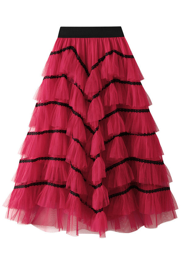 storexq Patchwork Cute Mesh Tiered Ruffle Skirt