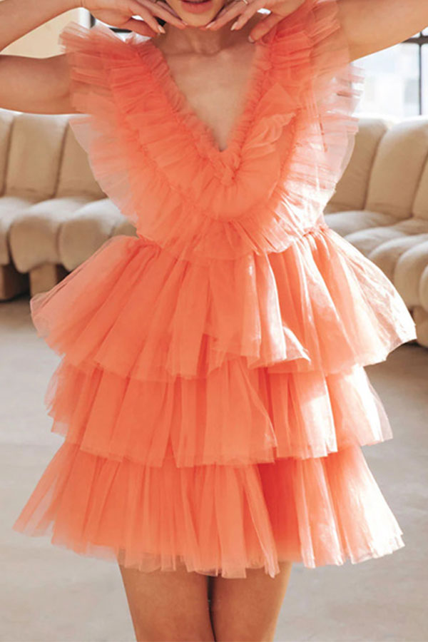 storexq Solid Color Tulle Glamorous Tiered Mini Dress