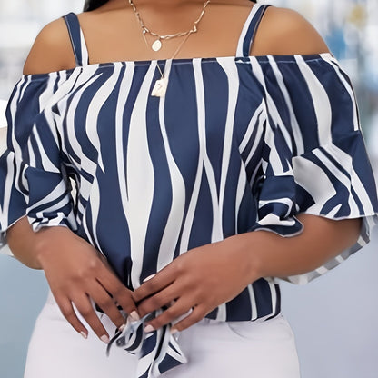 Chic Plus Size Womens Blouse - Fashionable Stripe Print with Flirty Ruffle Trim & Cold Shoulder Knot Front - Comfy Casual Top for Everyday Style