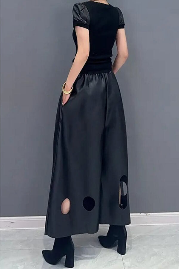 storexq Solid Color PU Modern Cutout Wide Leg Pants