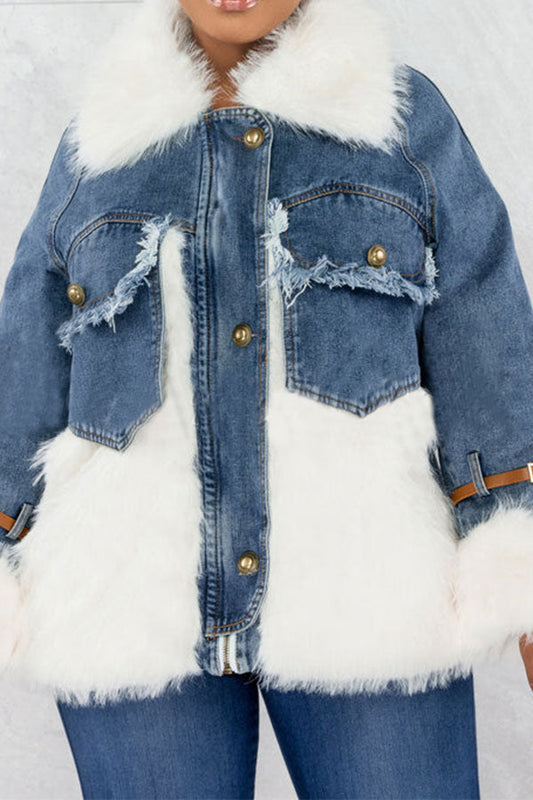 storexq Faux Fur Patchwork Casual Denim Coat