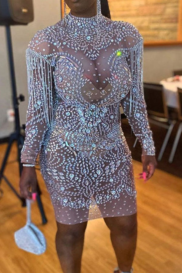 storexq Rhinestone Glamorous See-Through Mini Dress