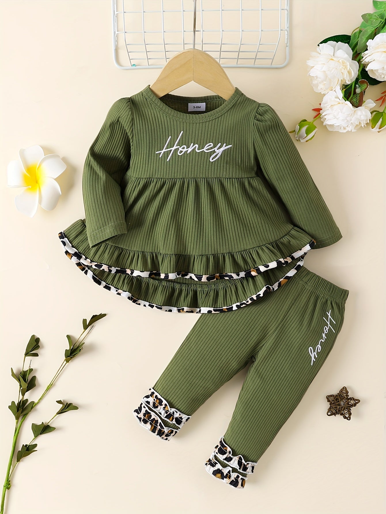 Toddler Baby Girl Cute Outfit - Puff Hem Dress Top + Elastic Pencil Pants Leopard Lace Letter Embroidery Set Outdoor Clothes