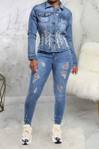 storexq Beaded Decor Girly Burrs Denim Coat