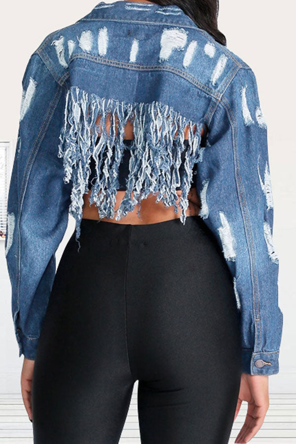 storexq Ripped Stylish Tassel Hem Denim Jacket