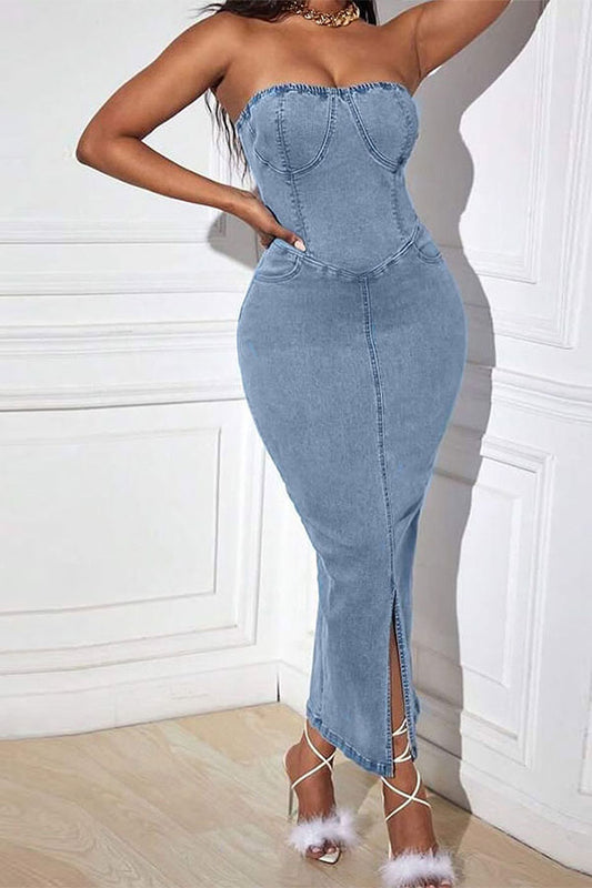 namcoverse Washed Denim Strapless On-trend Strappy Midi Dress