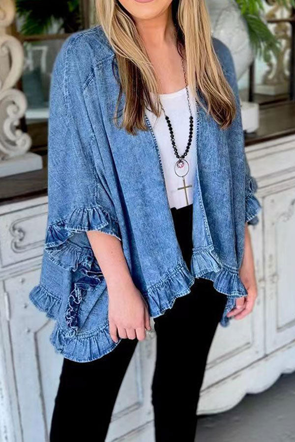 storexq Solid Color Elegant Ruffle Denim Coat