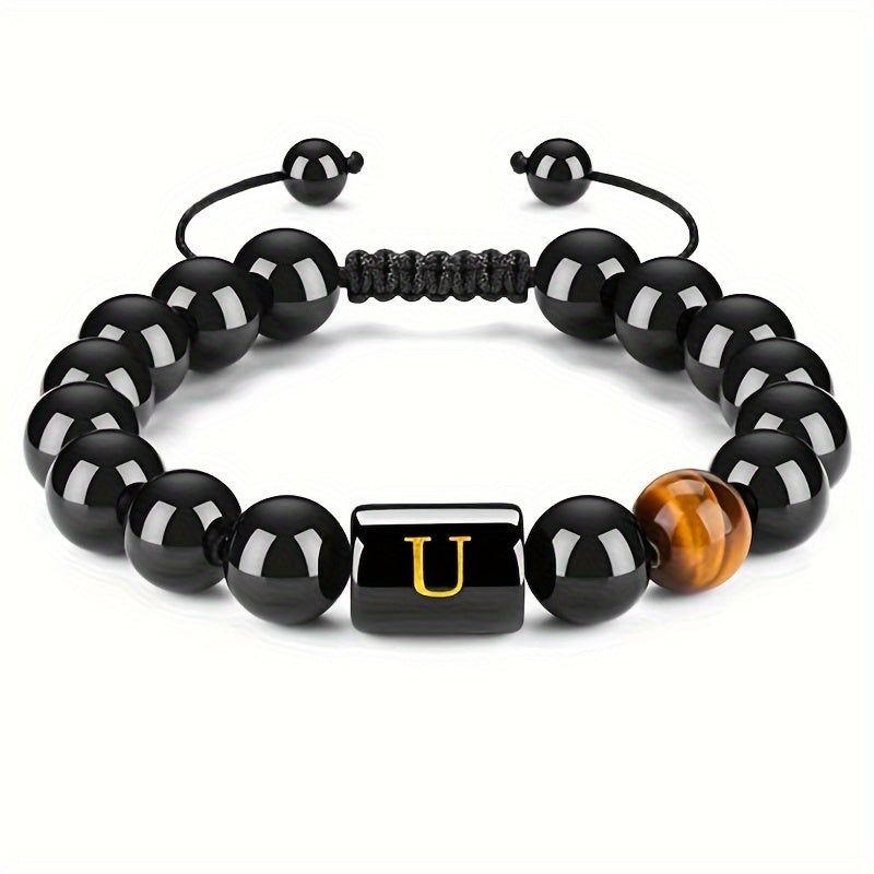 1pc Stunning 26-Letter 10MM Synthetic Stone Bead Adjustable Rope Chain Woven Bracelet - Fashionable Accessory for Men and Women - Ideal Gift for Friends and Family - Durable and Comfortable to Wear