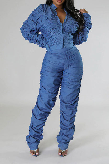 storexq Solid Color Unique Ruched Pant Suit