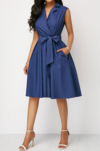 storexq Solid Color Notched Lapel Urban Belted Midi Dress