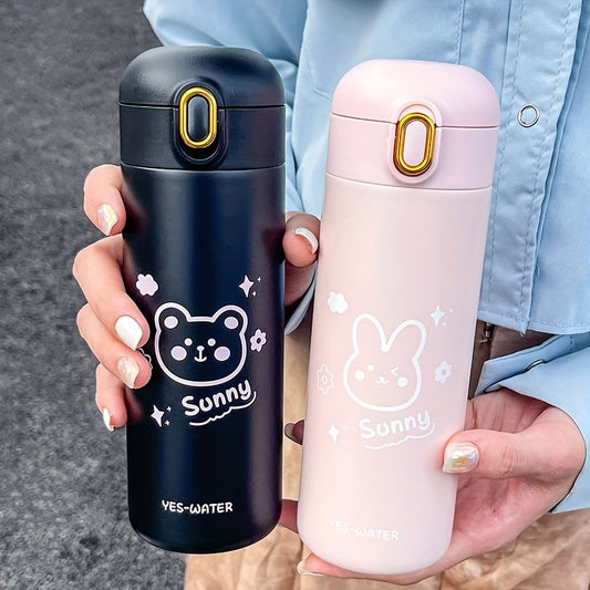 1pc, Large 420ml/14oz Cute Bear Bunny Vacuum Insulated Stainless Steel Water Bottle - Double-Walled Thermal Design for Hot and Cold Drinks, Travel-Friendly, Kawaii Birthday Gift, Back to School Essential, Perfect for Summer and Winter Use