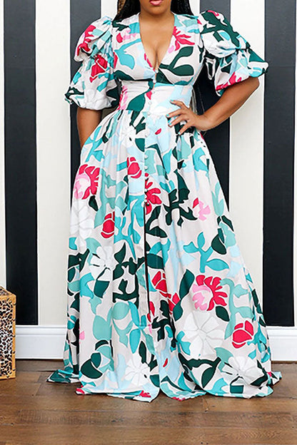 storexq Graffiti Print Cute Puff Sleeve High Split Maxi Dress