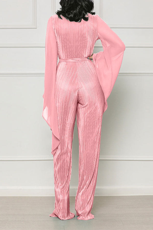 storexq Solid Color Chic Belted Pleated Jumpsuit