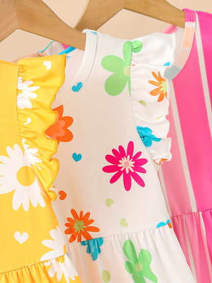 3pcs Girls Adorable Floral Print Ruffle Dress Set - Trendy Summer Leisure Wear for Vacation Fun