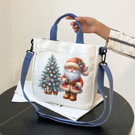 1pc Festive Canvas Christmas Handbag for Women, Santa and Tree Print, Detachable Shoulder Strap, Multi-Use Tote, Messenger, Shoulder Bag with Buckle Closure