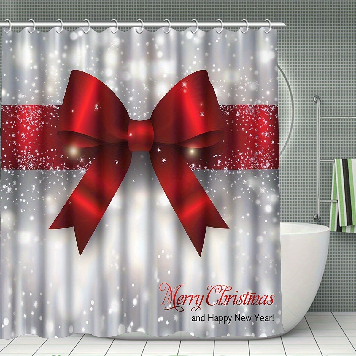 4pcs Machine Washable Christmas Shower Curtain Set, Waterproof Polyester Fabric with Non-Slip Bathroom Rug, Toilet U-Shape Mat, Toilet Lid Cover Pad, Bathroom Accessories, Bathroom Christmas Decor