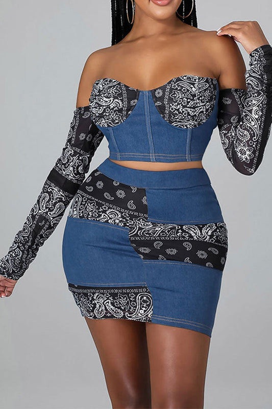 storexq Paisley Patchwork Bandeau Romantic Denim Dress Suit