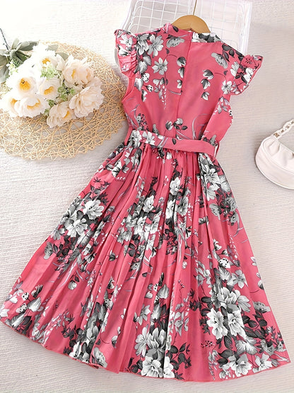 Knee High Floral Pleated Sleeveless Midi Dress for Girls - Casual Summer Outfit with Belt - Polyester Non-Stretch Fabric, Hand Washable, Perfect for Holiday and Outdoor Activities