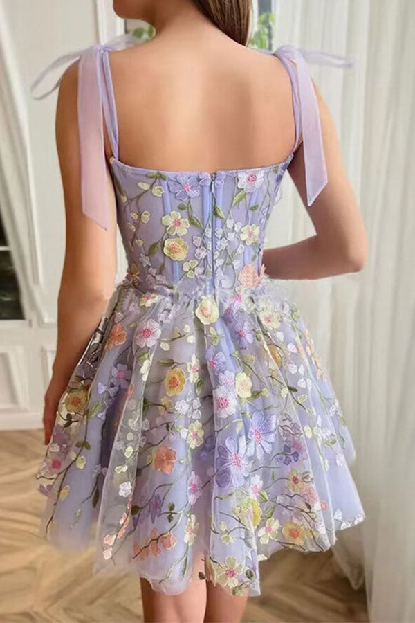 storexq Floral Embroidery Sweet Tie Shoulder Tulle Mini Dress