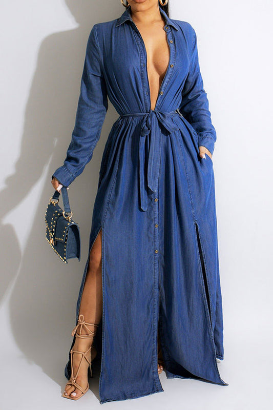 namcoverse Denim Shirt Collar Feminine Button Down Belted Maxi Dress