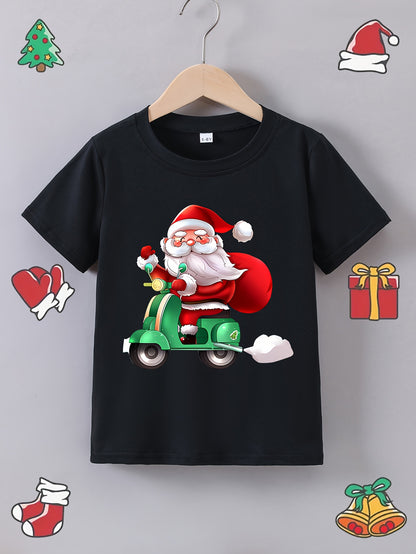 [Customer Favorite] Boys' Summer Skateboard Santa Print T-Shirt - Casual, Comfy Polyester Blend, Round Neck, Non-Transparent - Perfect for Christmas