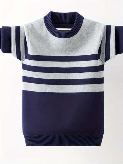 Cozy Boys' Striped Sweater - Soft, Thick, Warm, and Stretchy Round Neck Long Sleeve Knit Pullover Top for Outdoor Play - Kids' Winter Clothing for Cold Weather