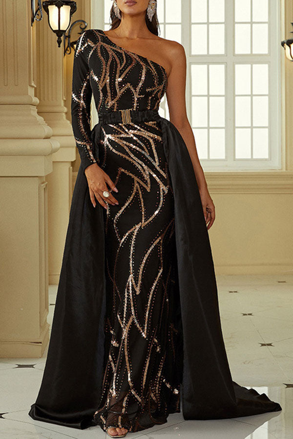 storexq Sequined Luxe One Shoulder Trailing Maxi Dress