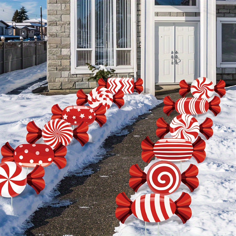 12pcs Christmas Candy Lawn Signs Set - Waterproof Corrugated Cardboard, Perfect for Holiday Garden & Pathway Decor, Christmas Decor