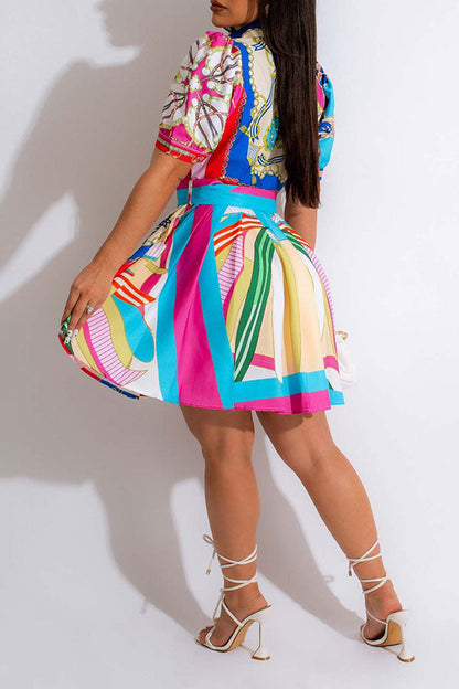 storexq Lemon Print Preppy Belted Pleated Mini Dress