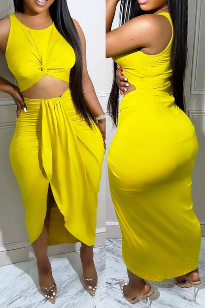 namcoverse Solid Color Party Twisted Cutout Irregular Split Midi Dress