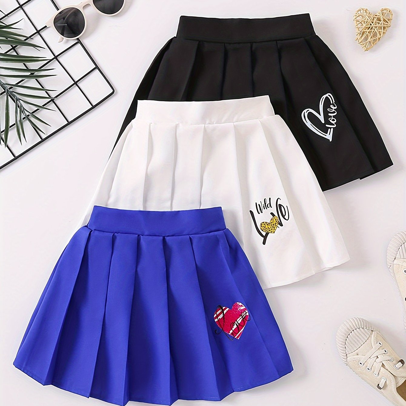 3pcs Girls Heart Graphic Pleated Skirt Set Preppy Style Party Gift