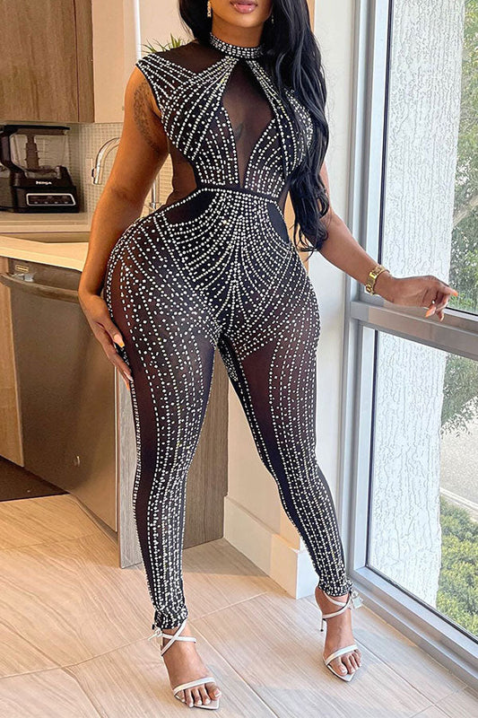 storexq Rhinestone Classic See-Through Bodycon Jumpsuit