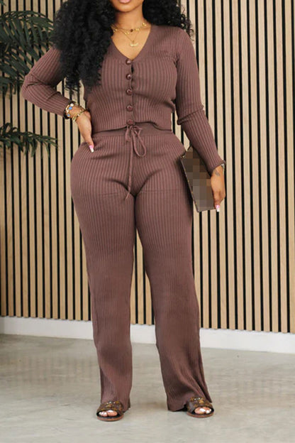 storexq Solid Color Feminine Button Knitted Pant Suit