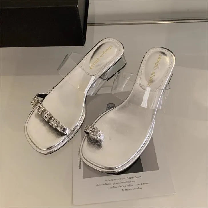 Transparent letter rhinestone fashion new square toe women wear slippers sandals high heels temperament block heel summer