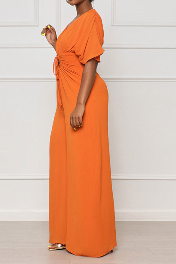 storexq Solid Color Casual Lace-Up Cutout Wide Leg Jumpsuit