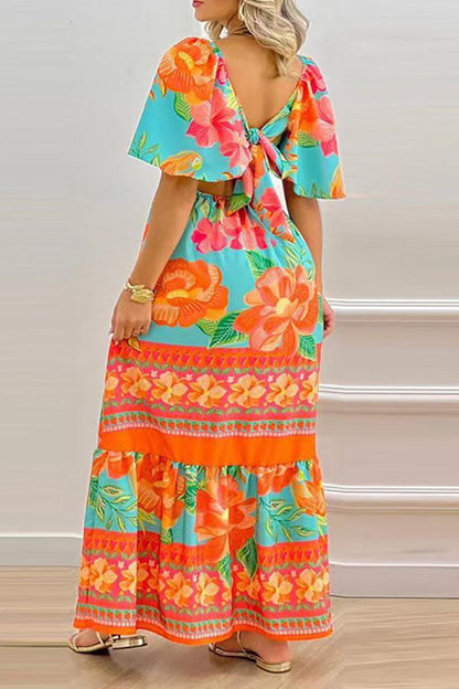 storexq Floral Print Classic Tie Back Ruffle Maxi Dress