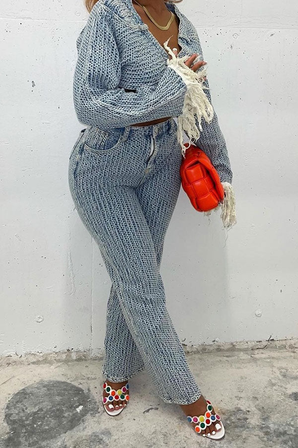 storexq Crochet Hollow-Out Stylish Wide Leg Denim Pant Suit