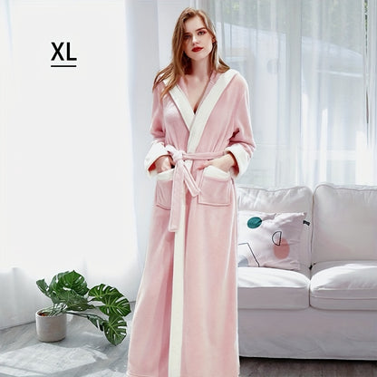 1pc Autumn And Winter Bathrobe, Soft And Skin-friendly Hooded Long Sleeve Bathrobe, Thickened Nightgown With Pocket, Warm Long Robe For Home, Bathroom Supplies